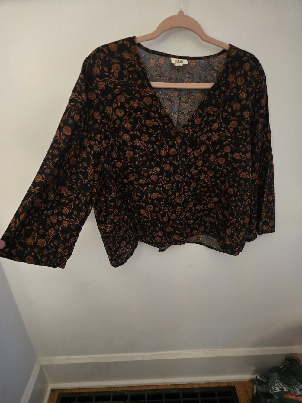 Rails Black Floral V-Neck Blouse with Brown Leaf Print